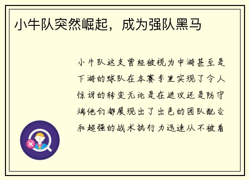 小牛队突然崛起，成为强队黑马