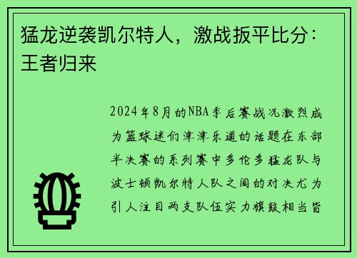 猛龙逆袭凯尔特人，激战扳平比分：王者归来